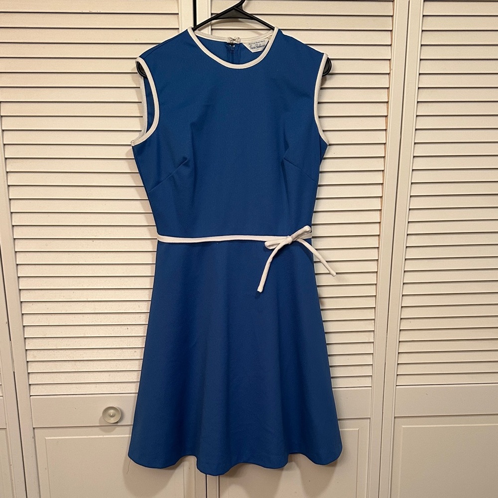 Blue Sleeveless Midi Dress with White Trim